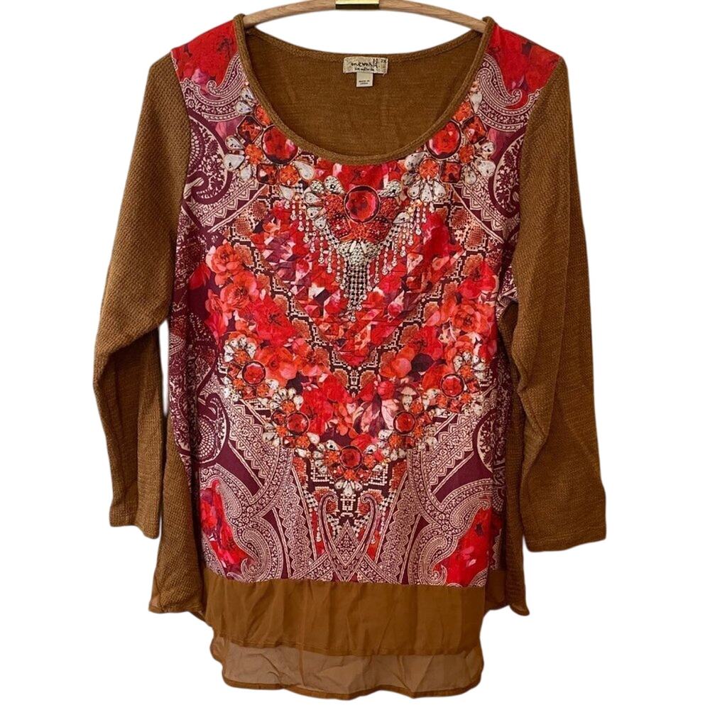 One World Knit & Chiffon Floral & Paisley Embellished Top Size 2X